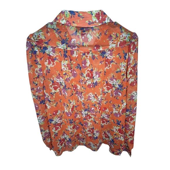 Modcloth Sheer Orange Floral Button Up Loose Fit Long Sleeve Blouse - Picture 4 of 5